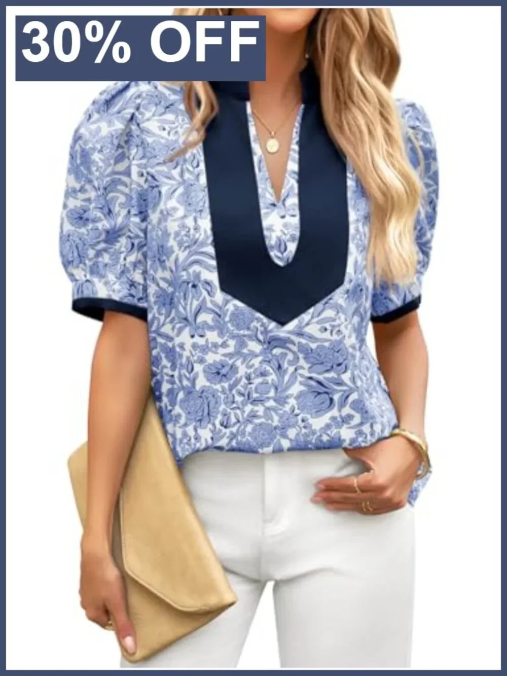 Floral Print V-Neck Puff Sleeve Blouse - Casual Dressy Top